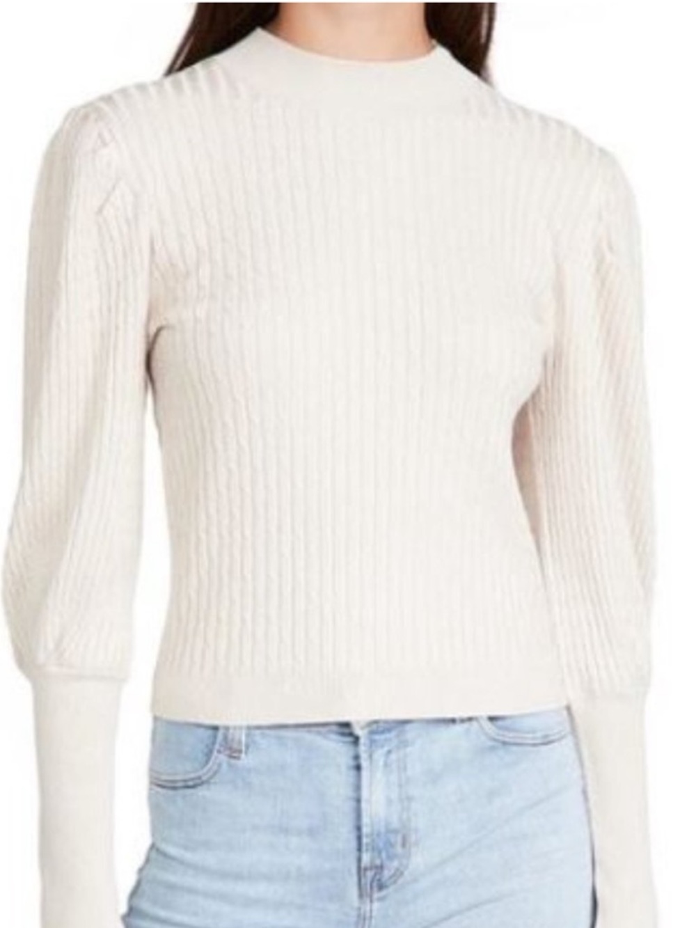 525 Beige lightweight cable Knit Sweater S Mock Neck Fitted Minimalist Neutral
